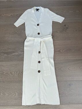 massimo dutti white ribbed dress White Massimo Dutti Ribbed Dress With Belt Long Matching Linen Blend Dress PURE WHITE